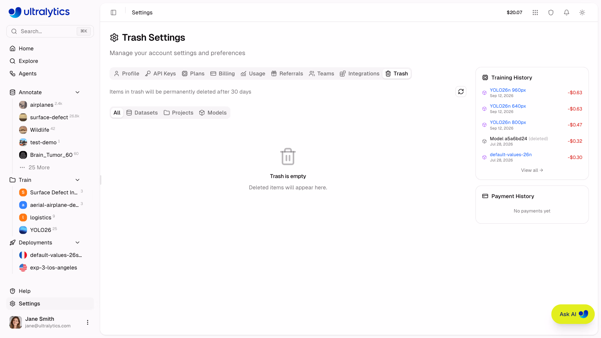 Ultralytics Platform Settings Trash Tab With Items And Storage Treemap