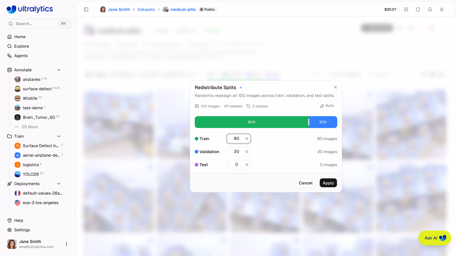 Ultralytics Platform Datasets Split Redistribution Dialog