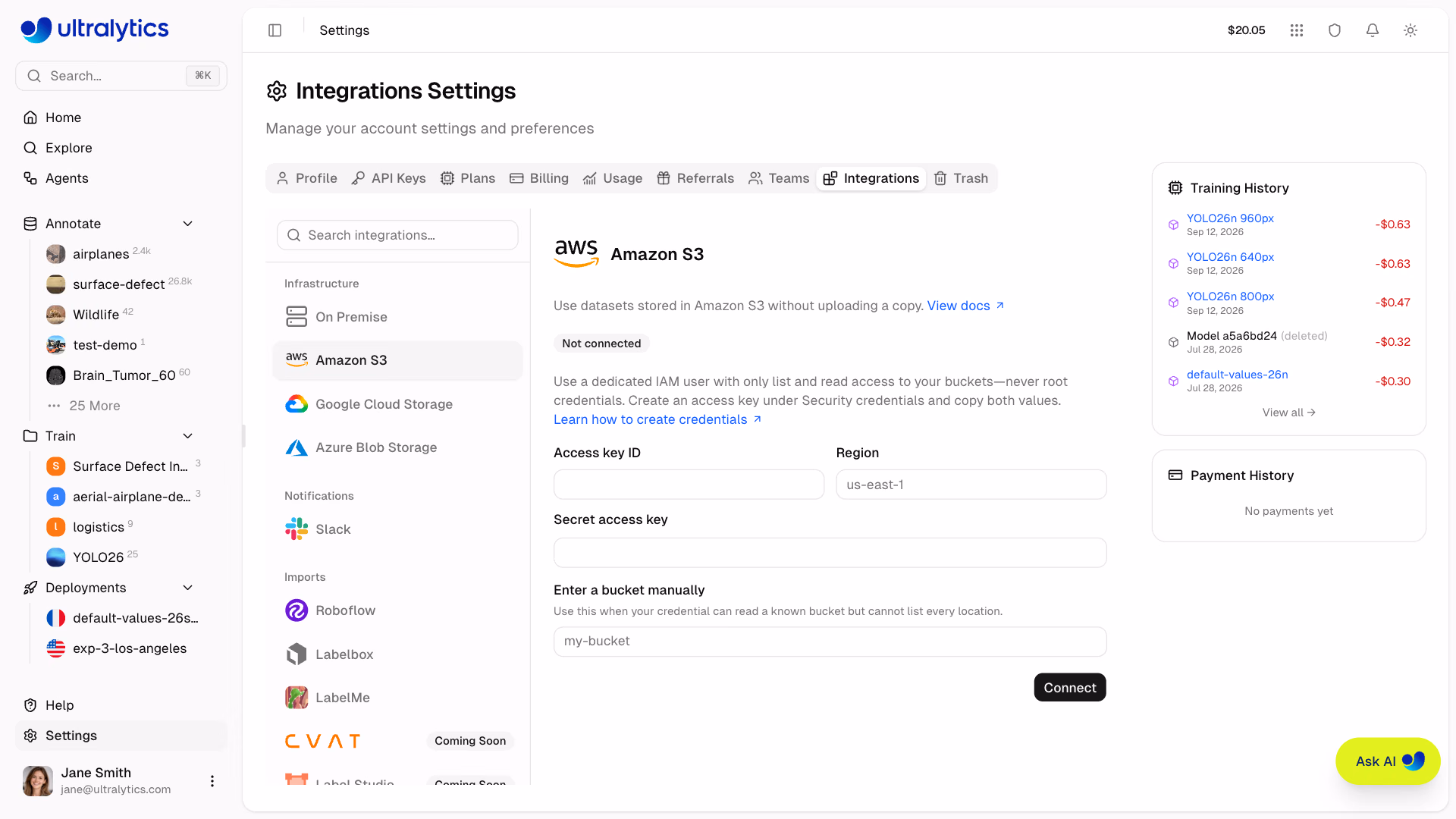 Ultralytics Platform Amazon S3 集成设置