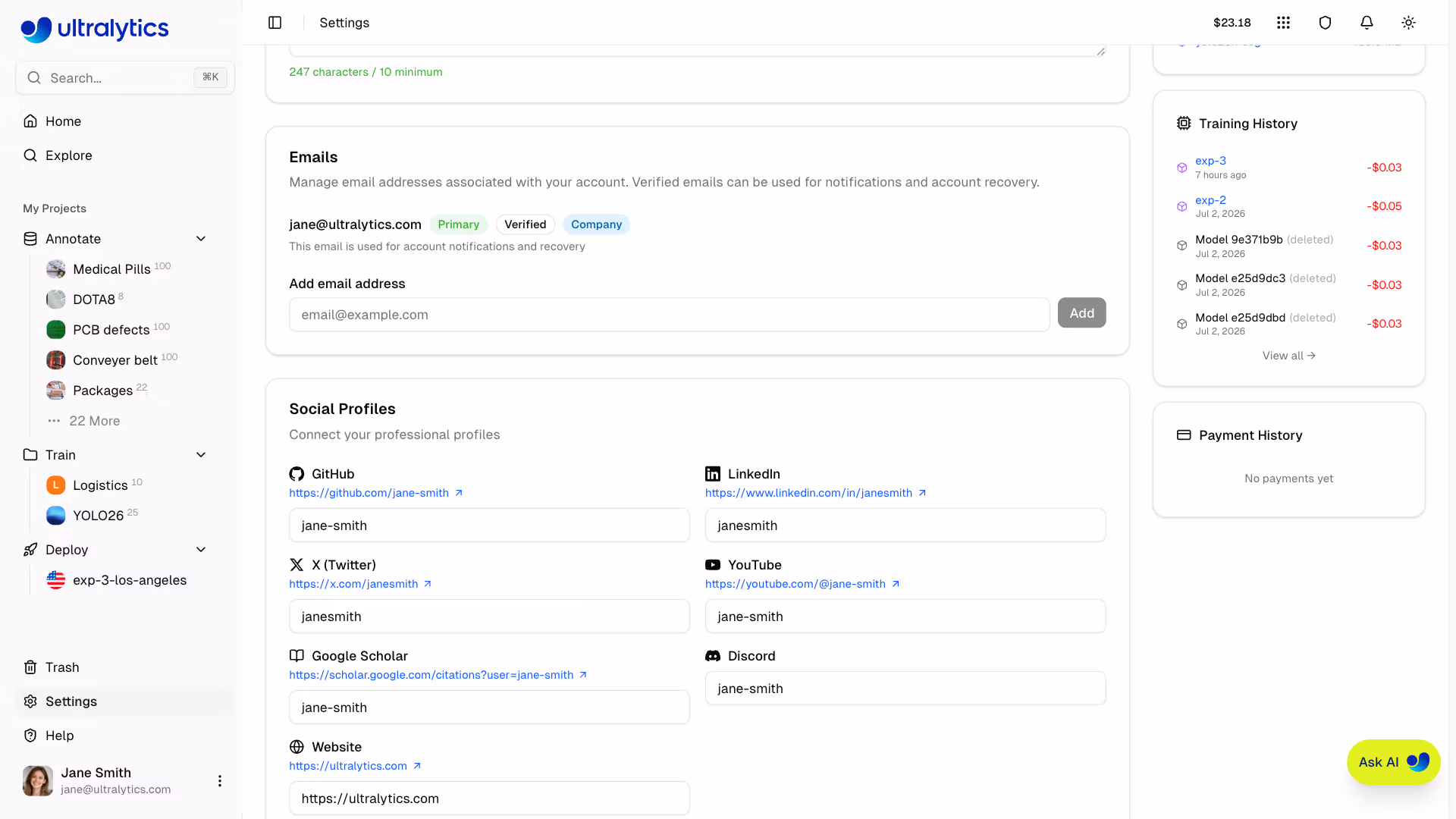 Ultralytics Platform Settings Profile Tab Social Links Grid