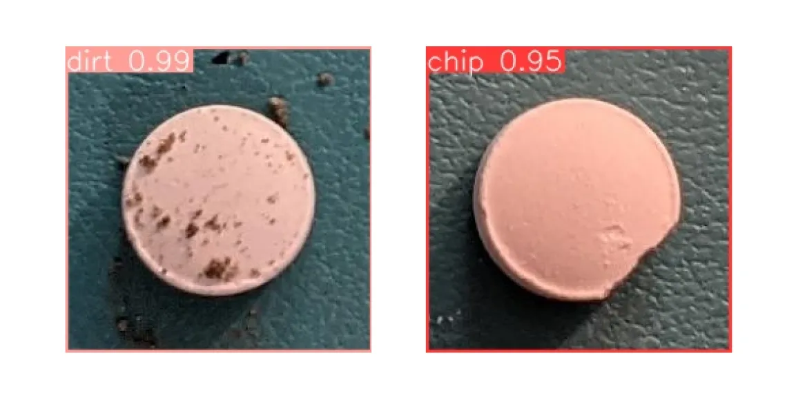 YOLOv8 model detecting a chipped pill and a contaminated pill