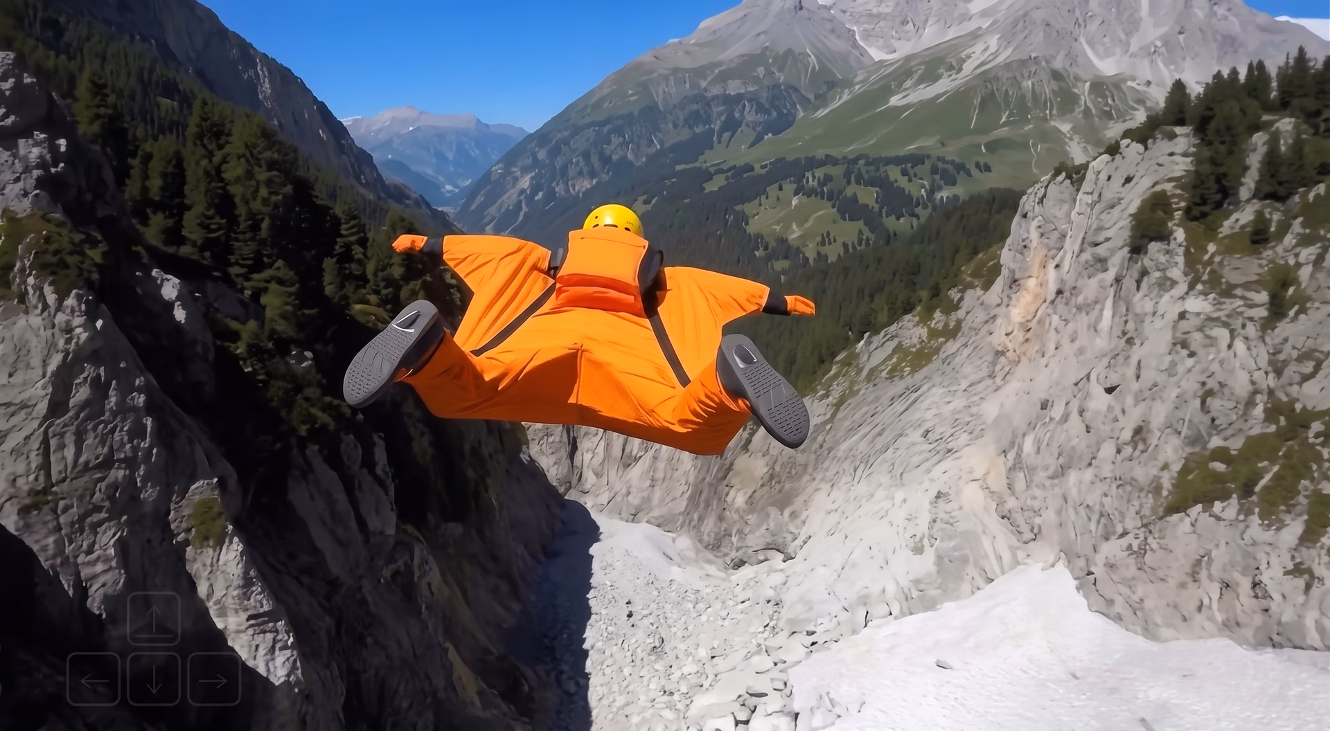 Frame from a Genie 3 simulation showing a wingsuit gliding