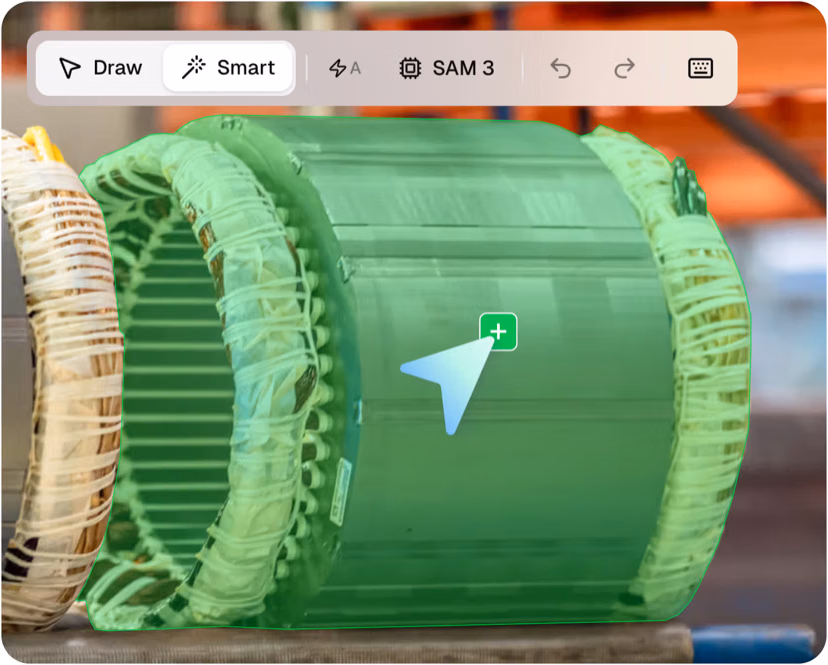 Industrial component highlighted with a segmentation mask, demonstrating object segmentation in a manufacturing context.
