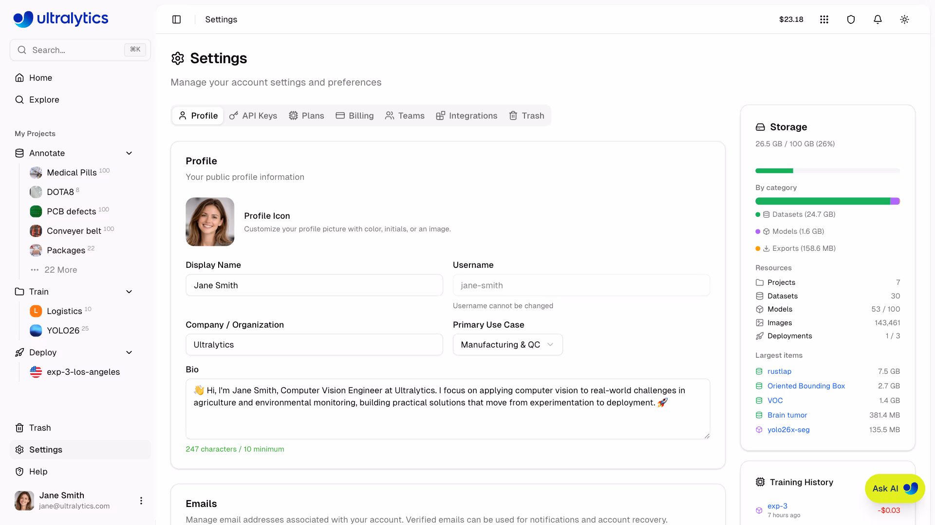 Ultralytics Platform Settings Profile Tab Display Name Bio Company Fields