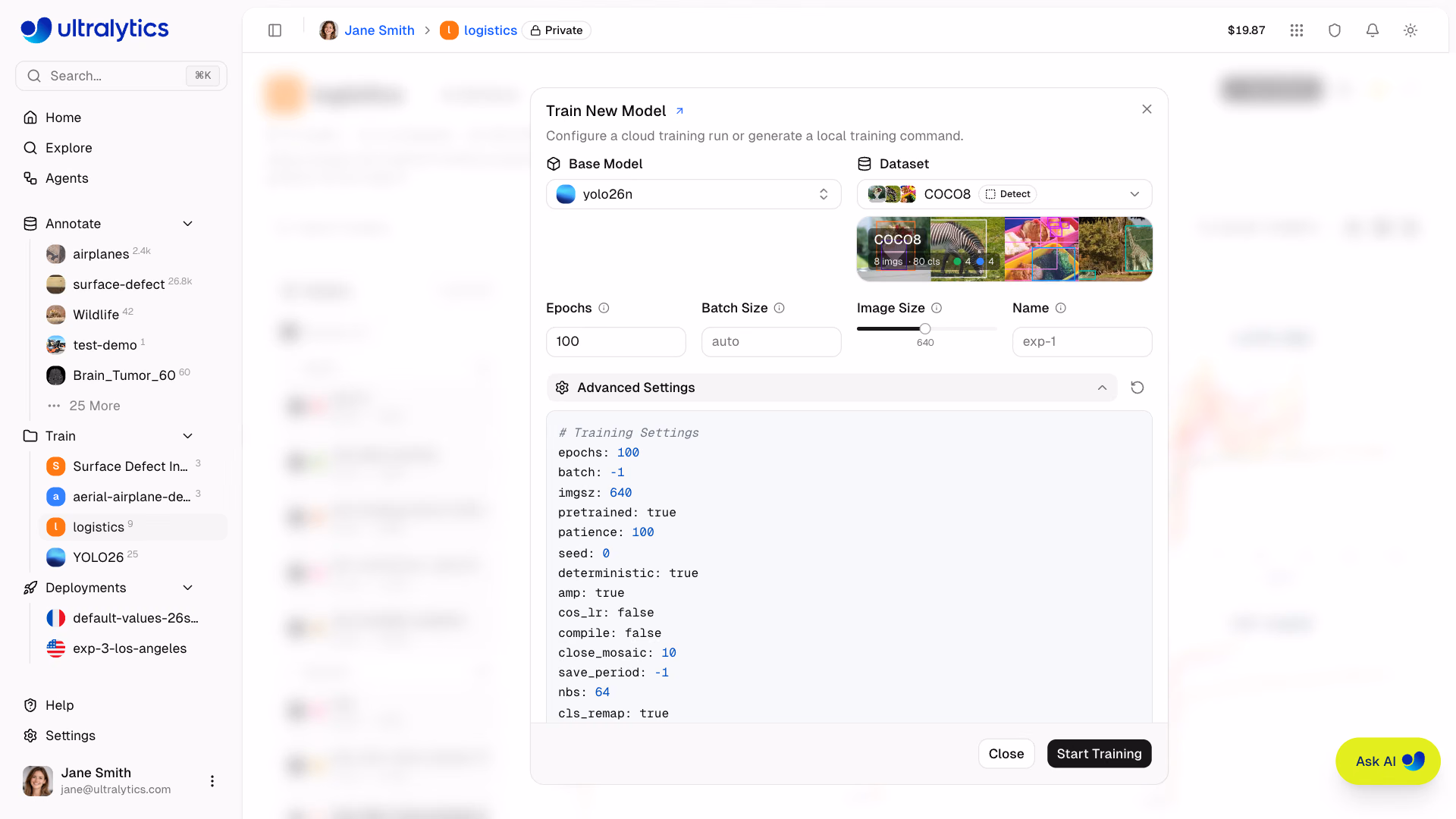 Ultralytics Platform Training Dialog Copy Training Config JSON