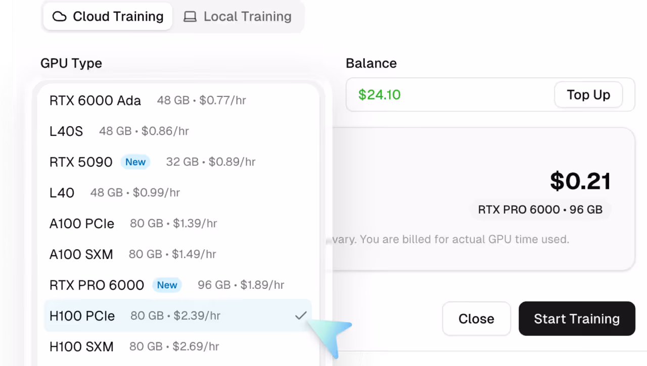 Cloud GPU selection interface for Ultralytics training.