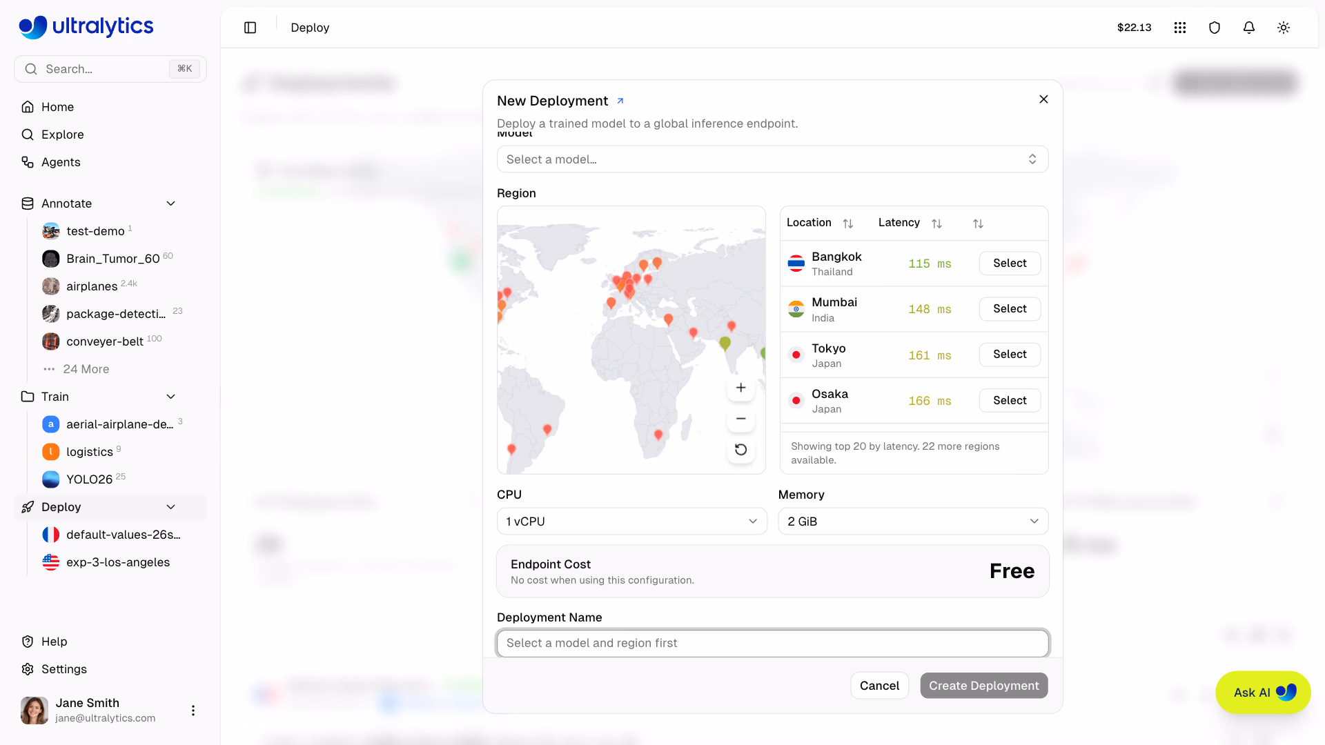 Ultralytics Platform New Deployment Dialog Fixed Resource Defaults