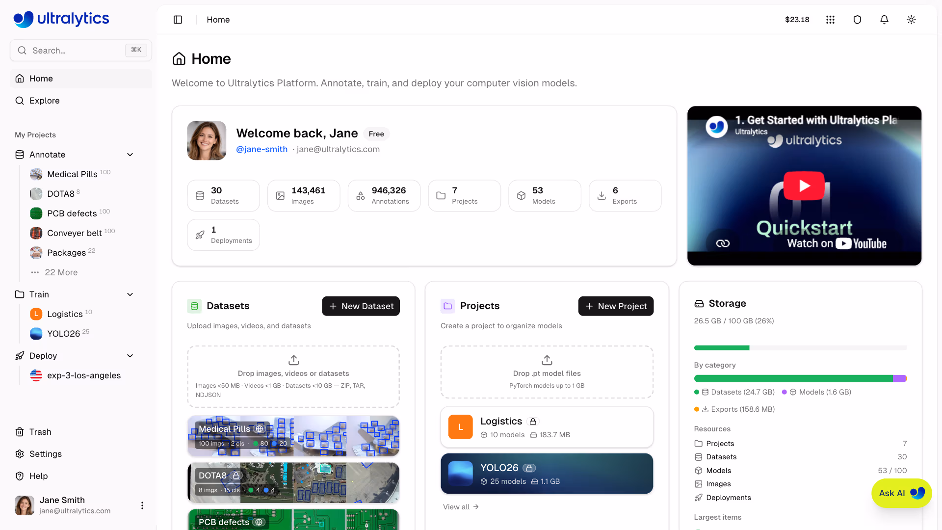 Ultralytics Platform Home Dashboard Welcome Card