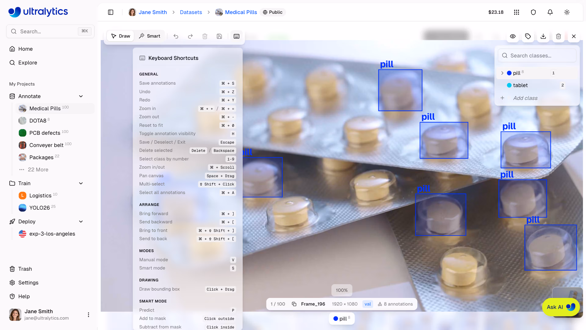 Ultralytics Platform Annotate Keyboard Shortcuts Dialog