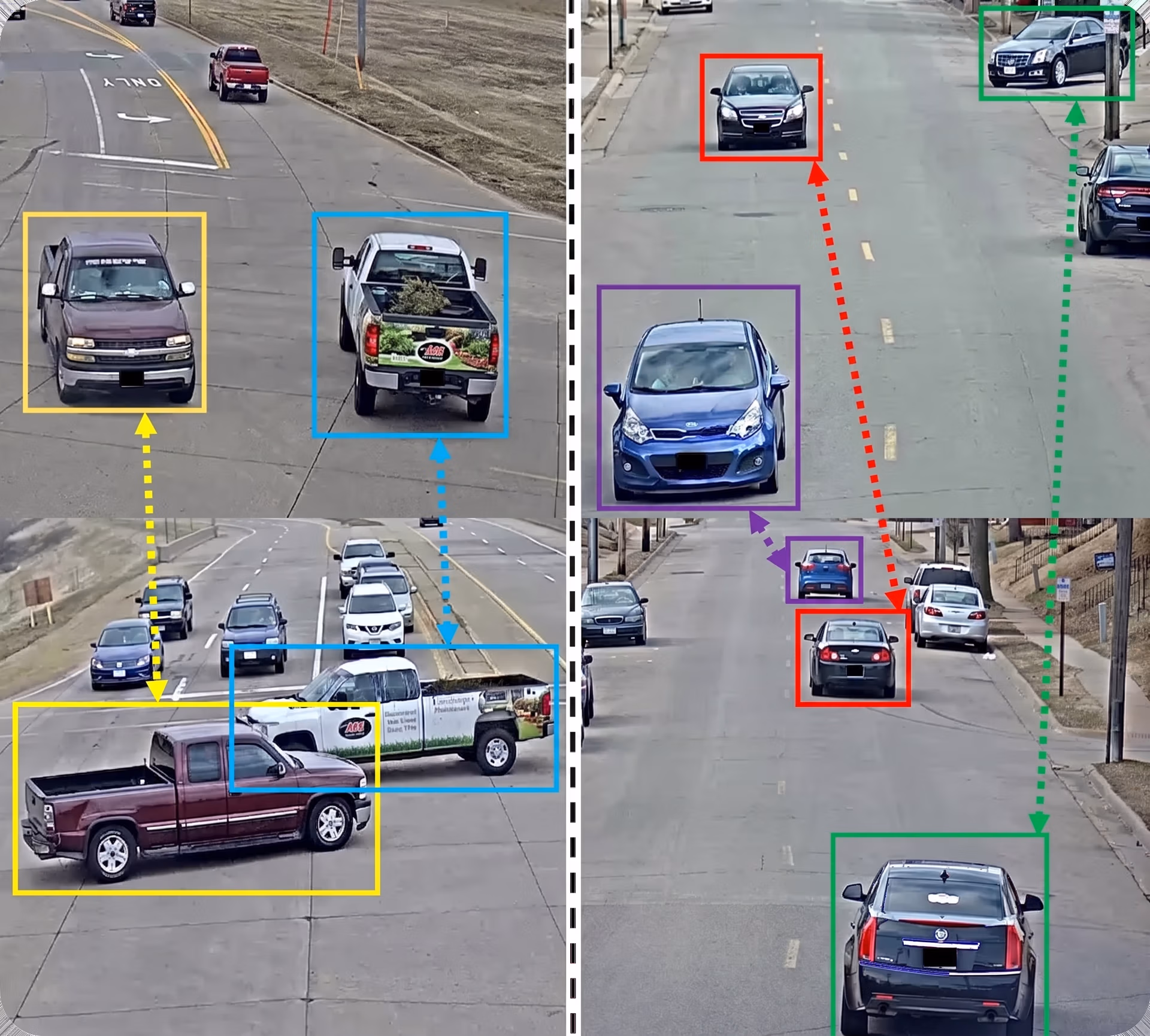 Vehicles matched across different cameras with varied perspectives