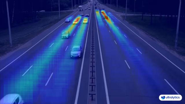 Ultralytics YOLO heatmap overlay showing vehicle traffic density