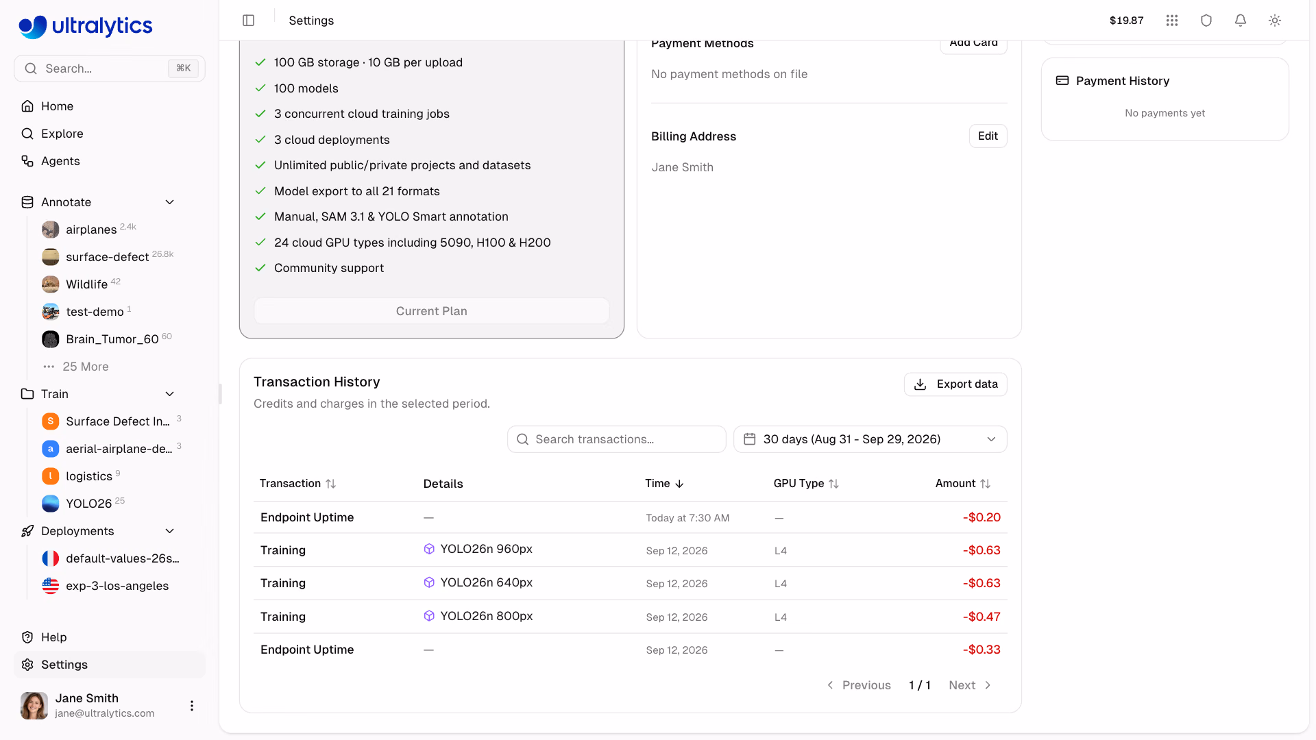 Ultralytics Platform Settings Billing Tab Transaction History Table