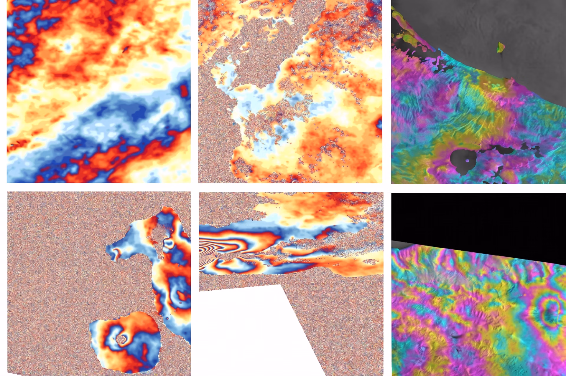 Satellite radar images showing ground movement near volcanoes