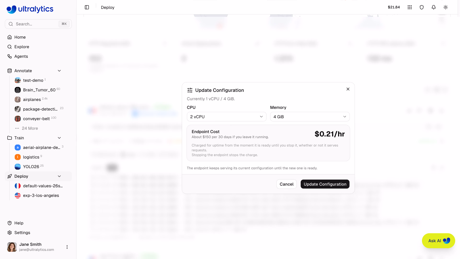 Ultralytics Platform Deployment Update CPU Memory Configuration