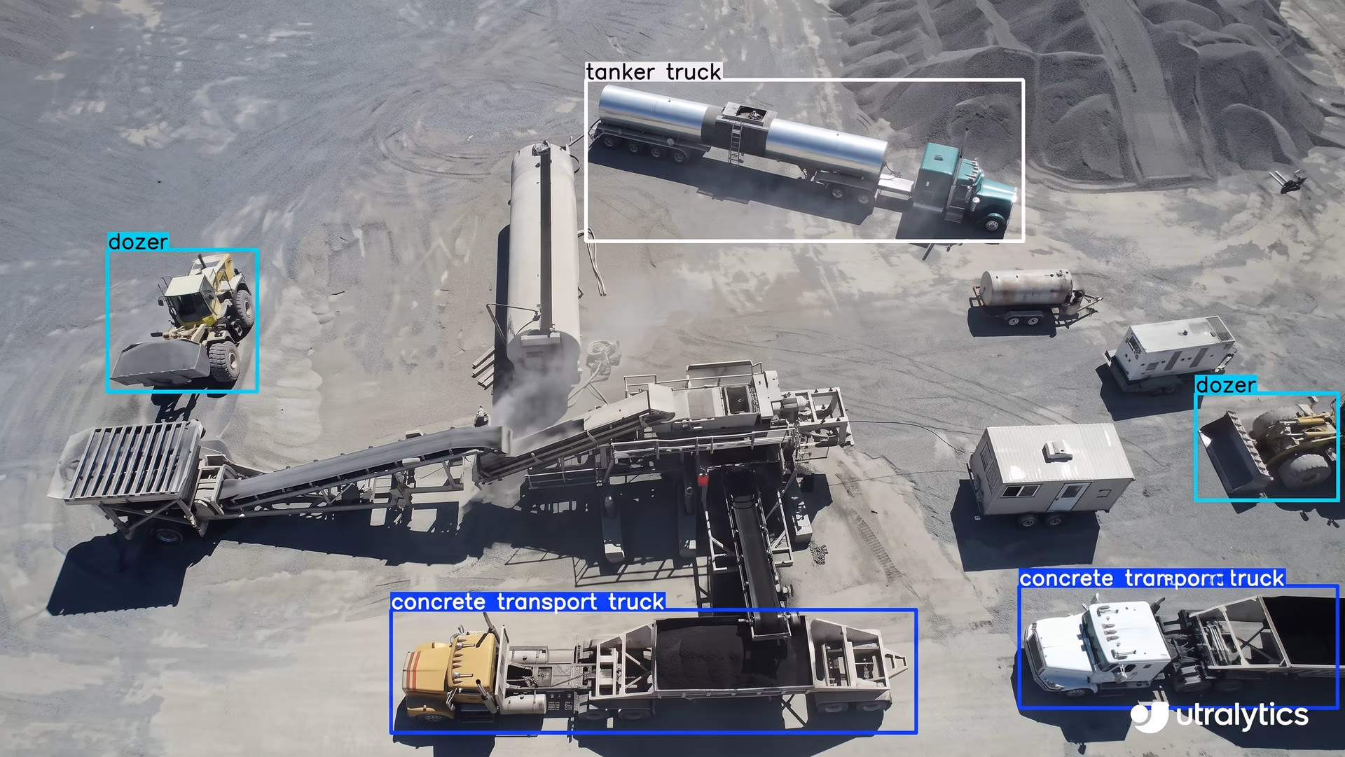 Ultralytics YOLO11 detecting and tracking vehicles at concrete batching plants
