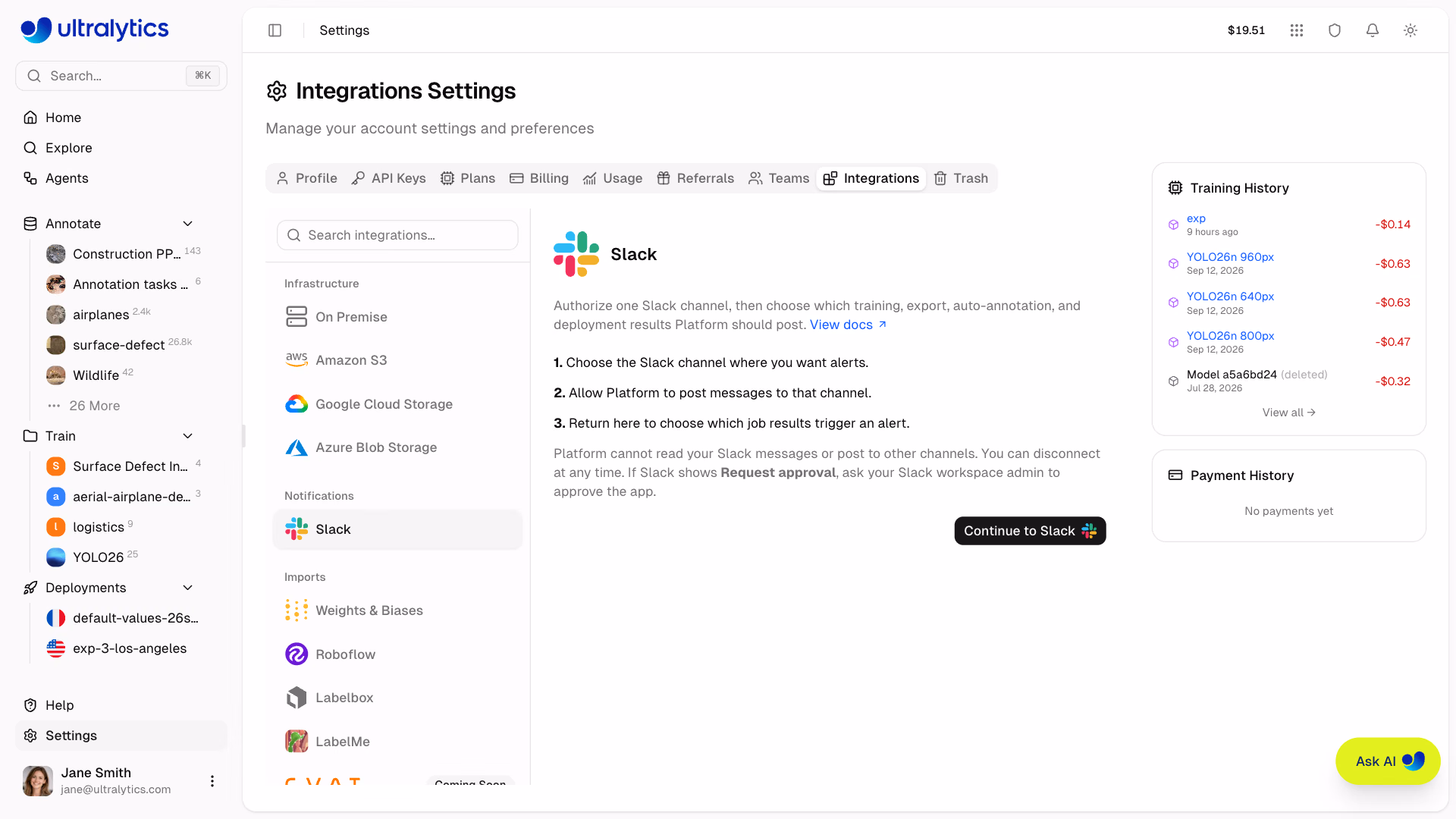 Ultralytics Platform Slack 통합 설정