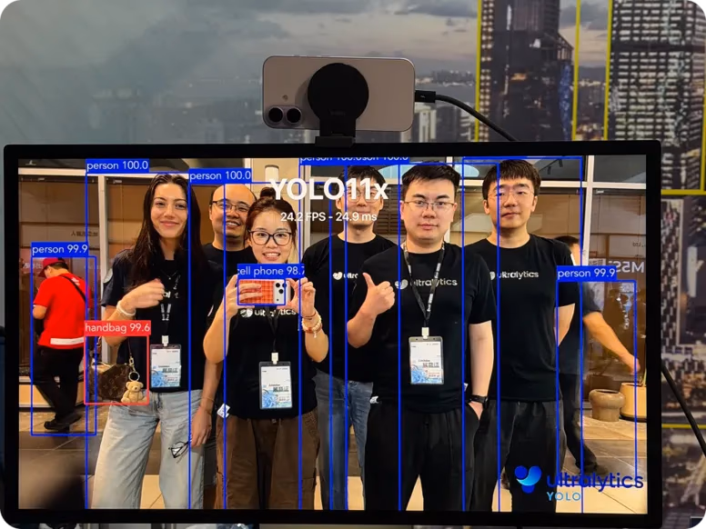 Il team Ultralytics presso lo stand B07 rilevato in tempo reale utilizzando YOLO11