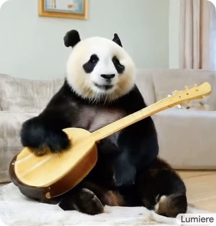 Ein Frame aus einem von Google Lumiere generierten Video eines Ukulele spielenden Pandas