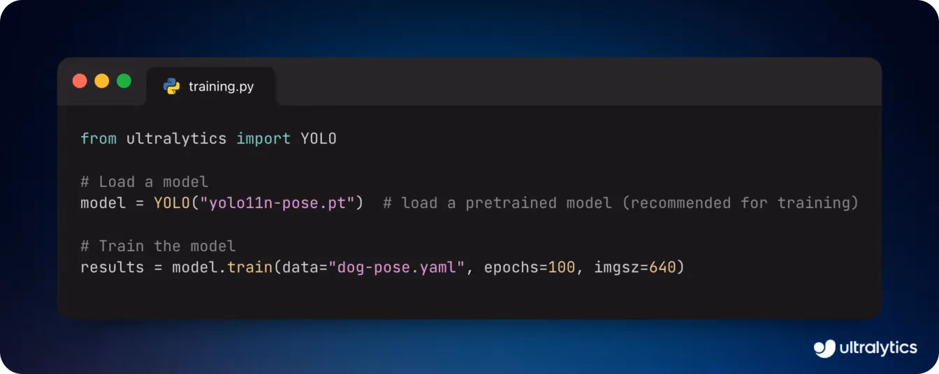 Snippet di codice per l'addestramento personalizzato di YOLO11 sul Dog-Pose Dataset