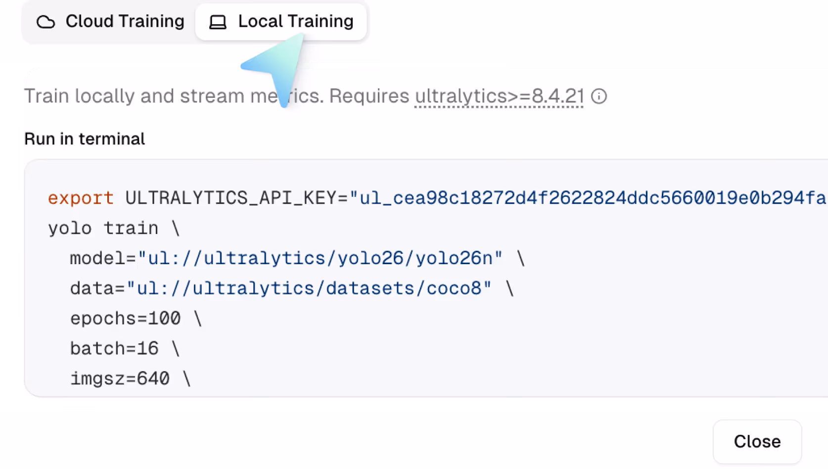 Comandos de terminal para treinar um modelo Ultralytics localmente.
