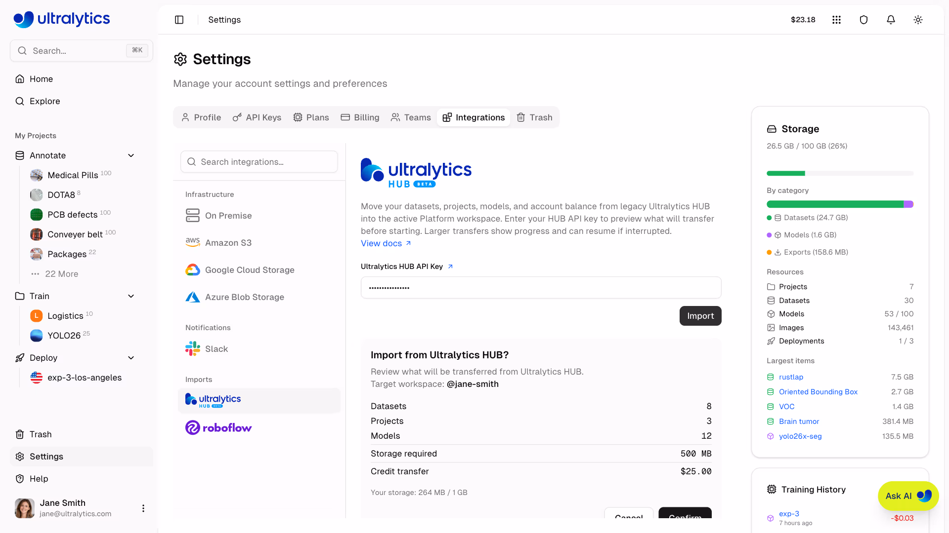 Ultralytics Platform Settings Integrations Hub Import Dialog