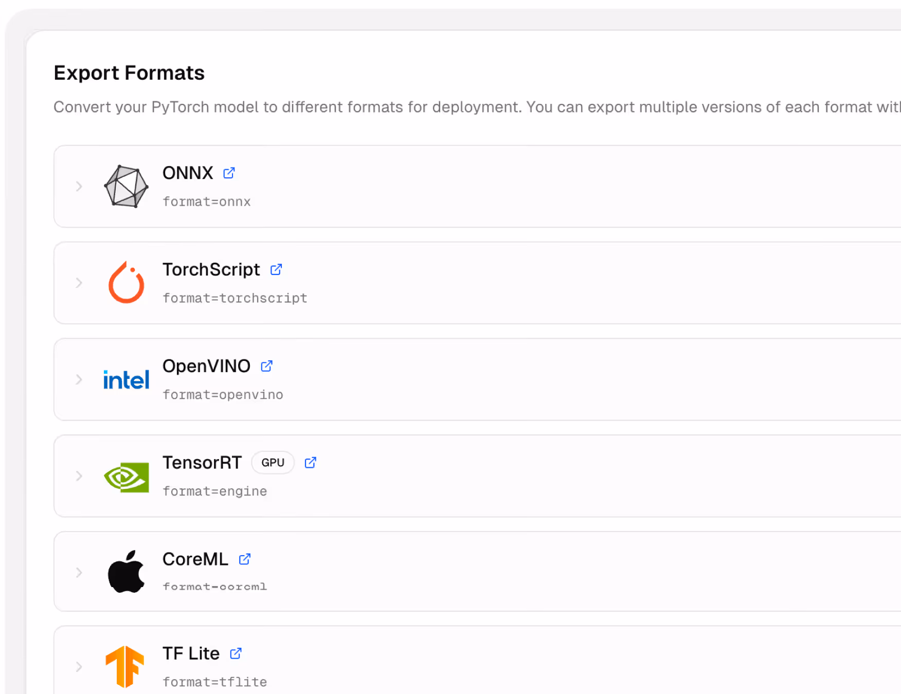 Model export format selector for ONNX, TensorRT, CoreML, TF Lite, and other formats.