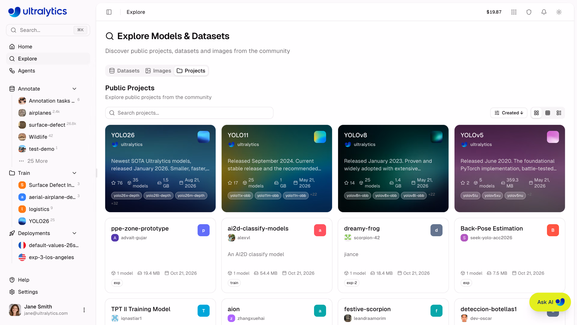 Ultralytics Platform 탐색 데이터셋 및 프로젝트 카드