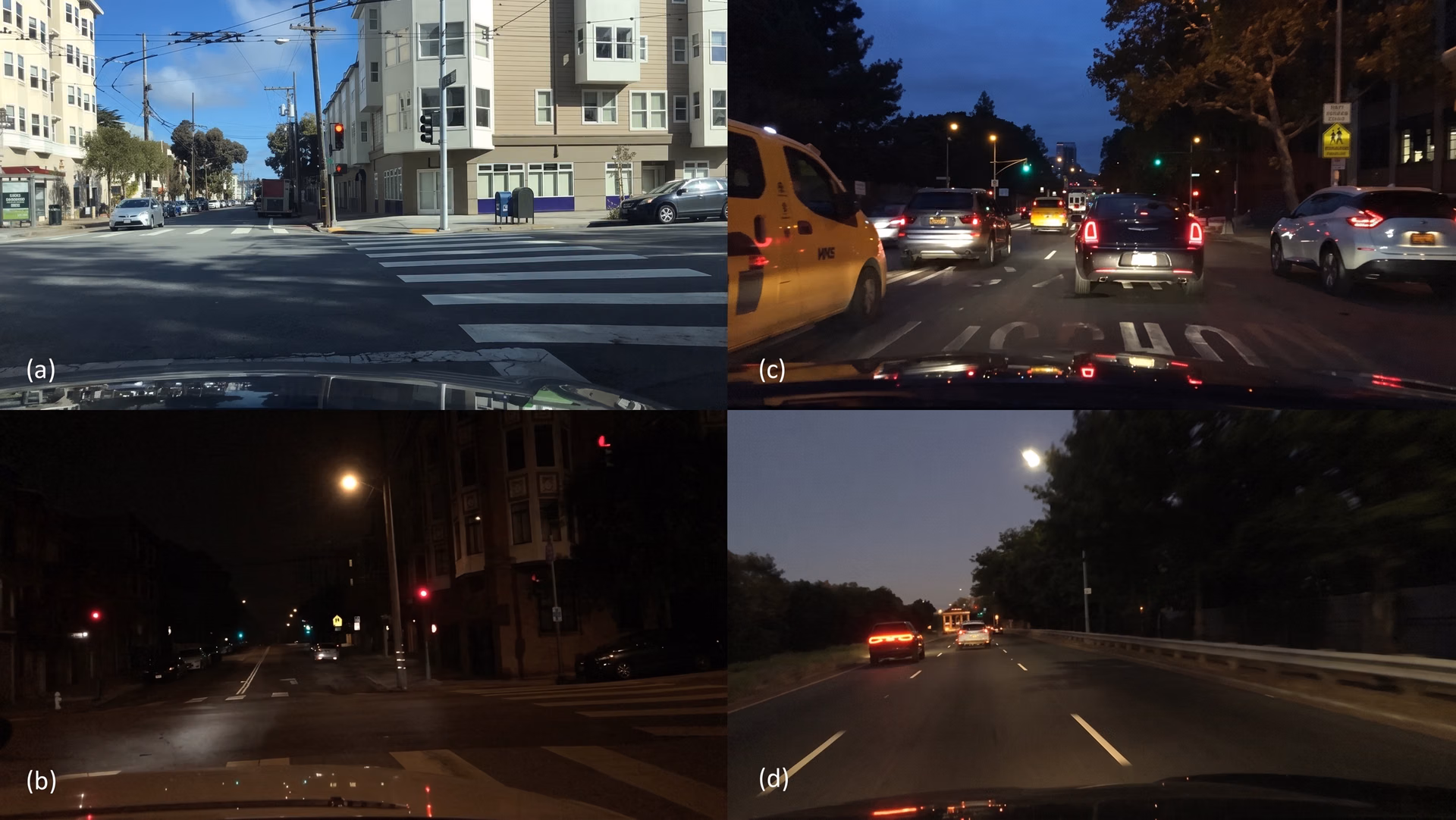 Vehicle footage captured in both daytime and nighttime conditions