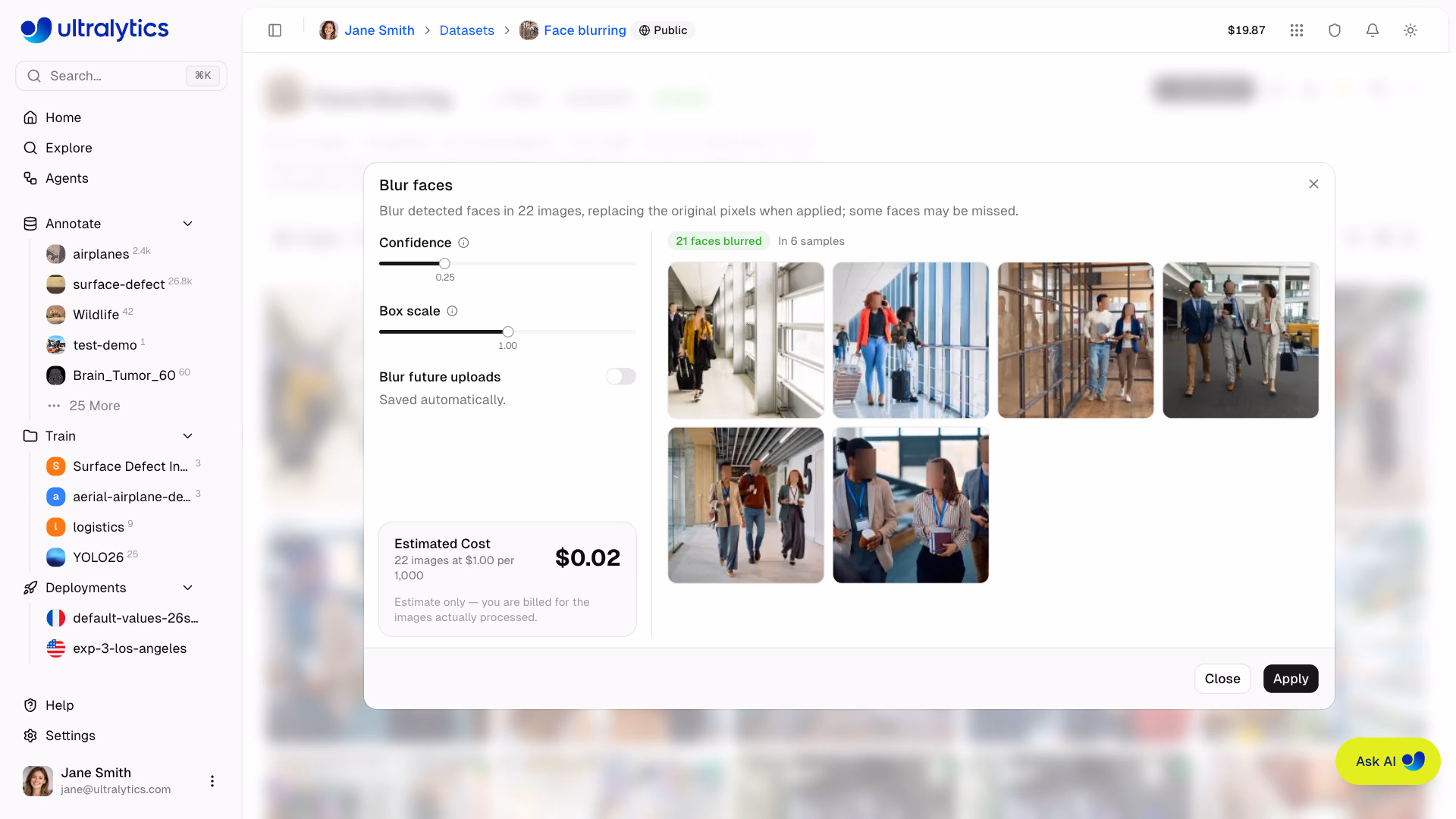 Ultralytics Platform Datasets Blur Faces Dialog Preview