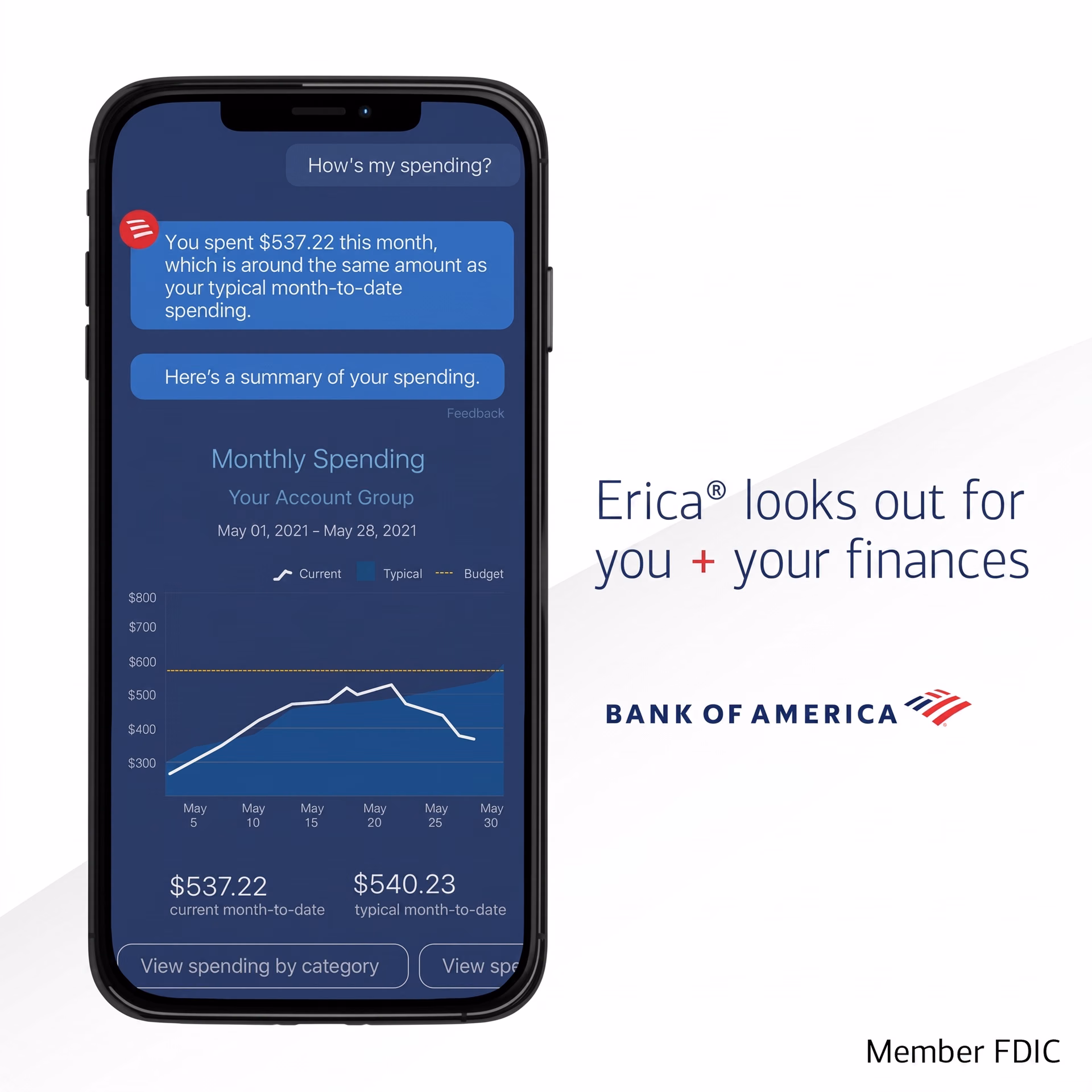Bank of America AI virtual assistant Erica showing monthly spending updates