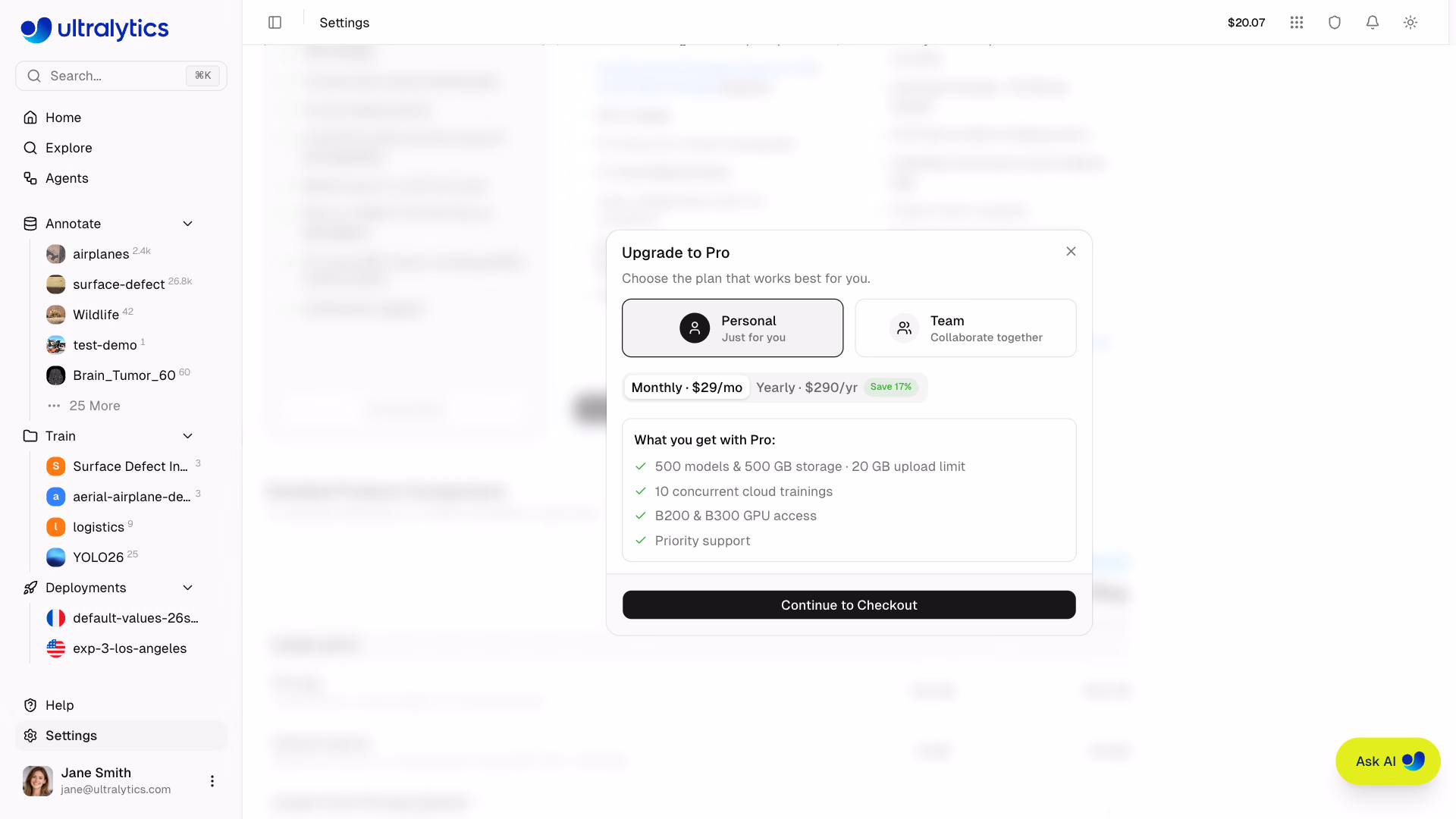 Ultralytics Platform Settings Plans Tab Upgrade to Pro Dialog