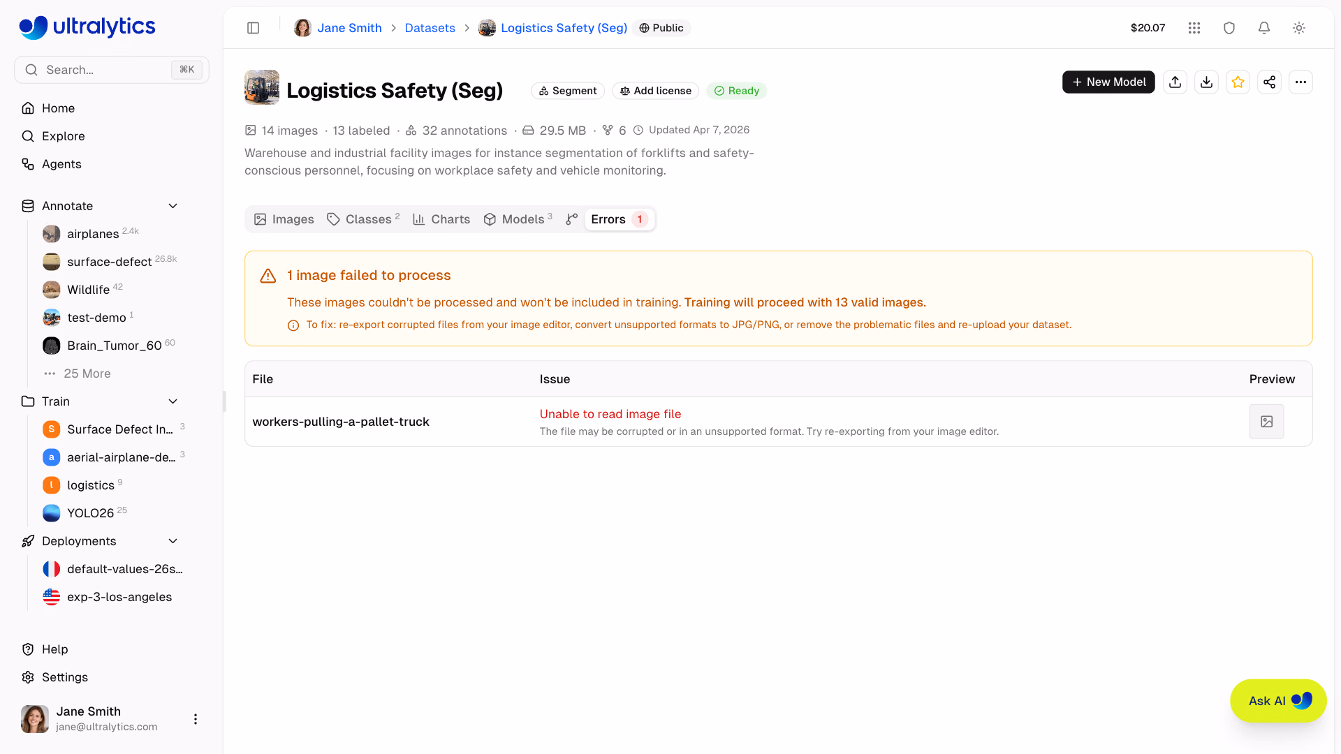 Ultralytics Platform Datasets Errors Tab Processing Failures