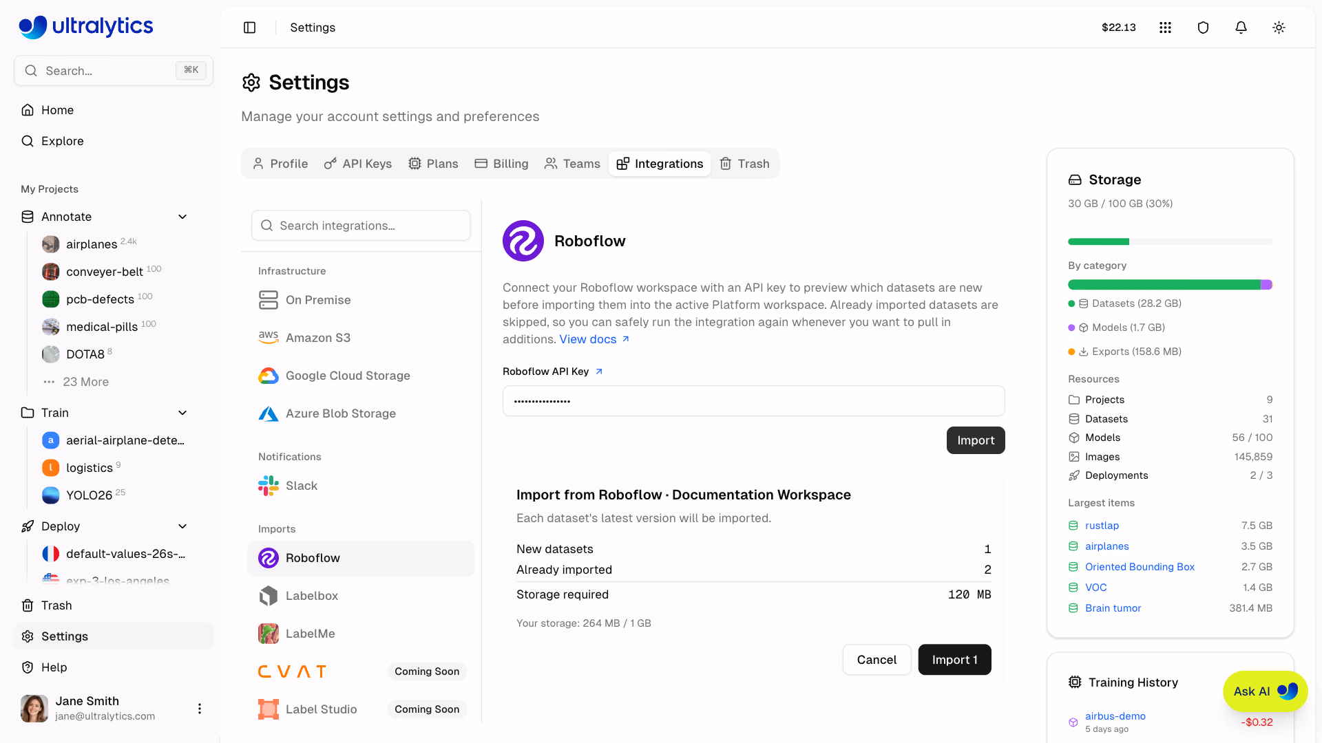 Ultralytics Platform Settings Integrations Roboflow Import Dialog