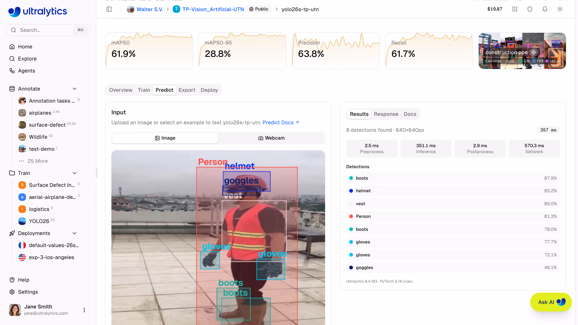 Ultralytics Platform Sınırlayıcı Kutularla Tahmin Sekmesi