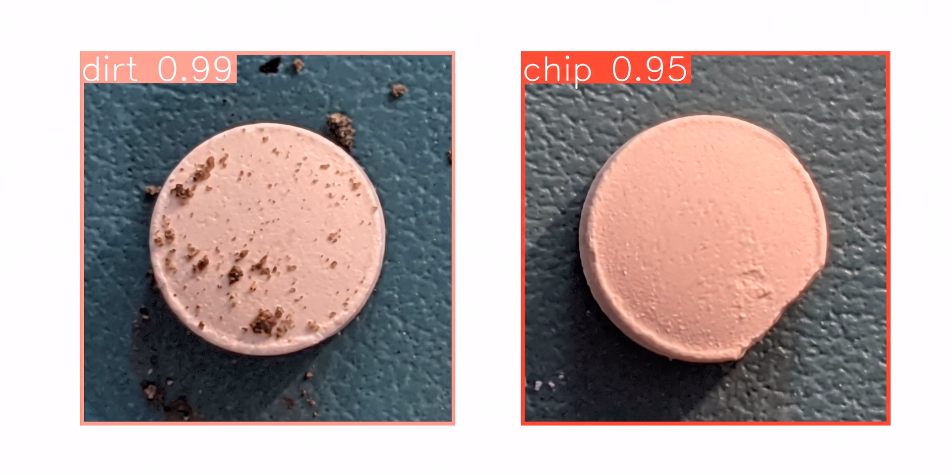 Ultralytics YOLOv8 model detecting a chipped pill and a contaminated pill
