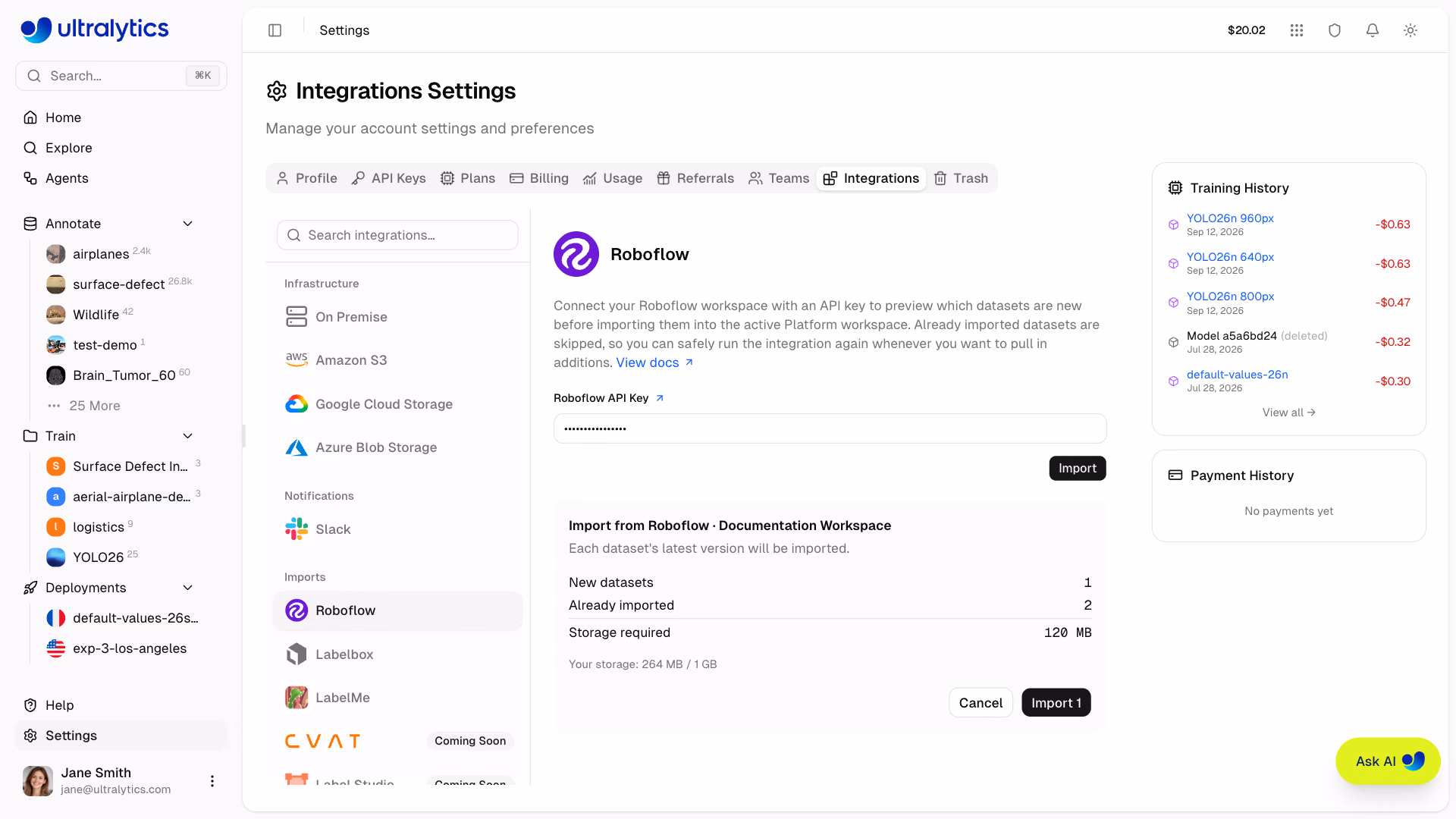 Ultralytics Platform 设置集成 Roboflow 导入对话框