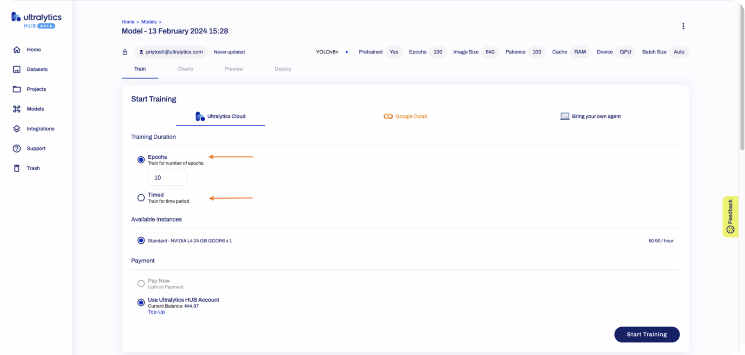 خيارات التدريب السحابي في Ultralytics HUB