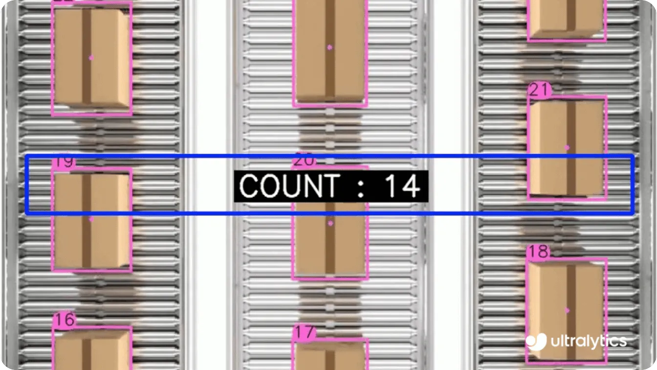 Ultralytics YOLOv8 model counting boxes on an assembly line