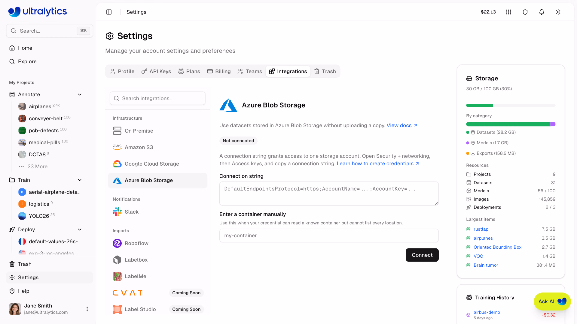 Ultralytics Platform Azure Blob Storage Integration Settings
