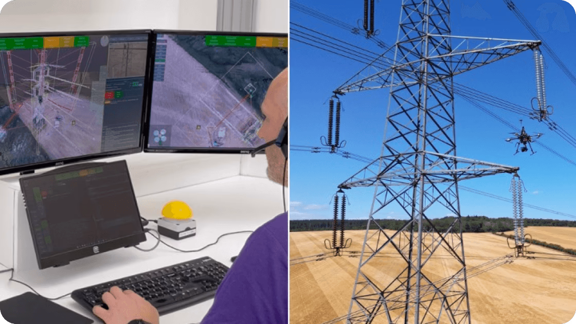 Un técnico utilizando drones y herramientas de IA para inspeccionar líneas eléctricas