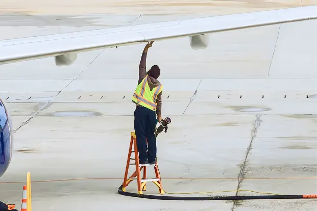 Ingenieur überprüft Flugzeug