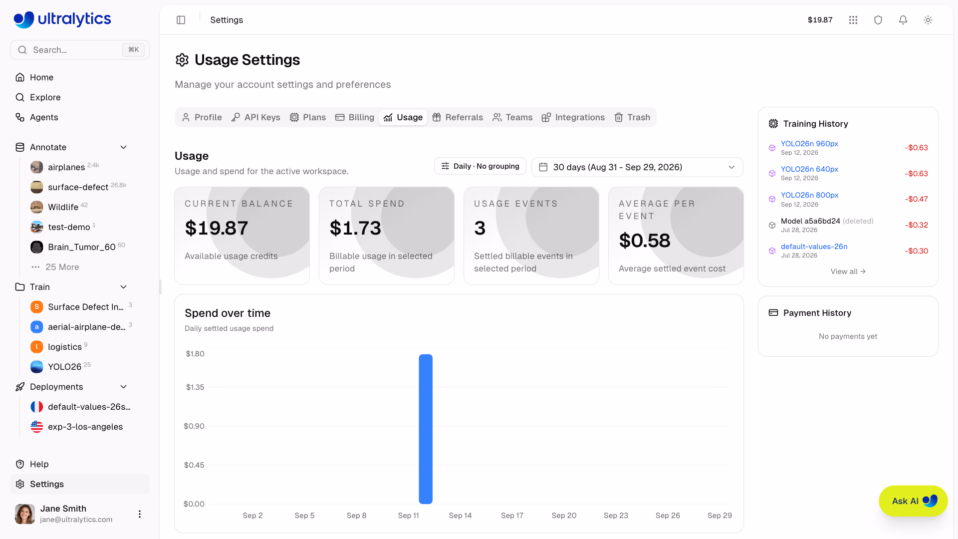Ultralytics Platform Settings Profile Tab Storage Usage Card