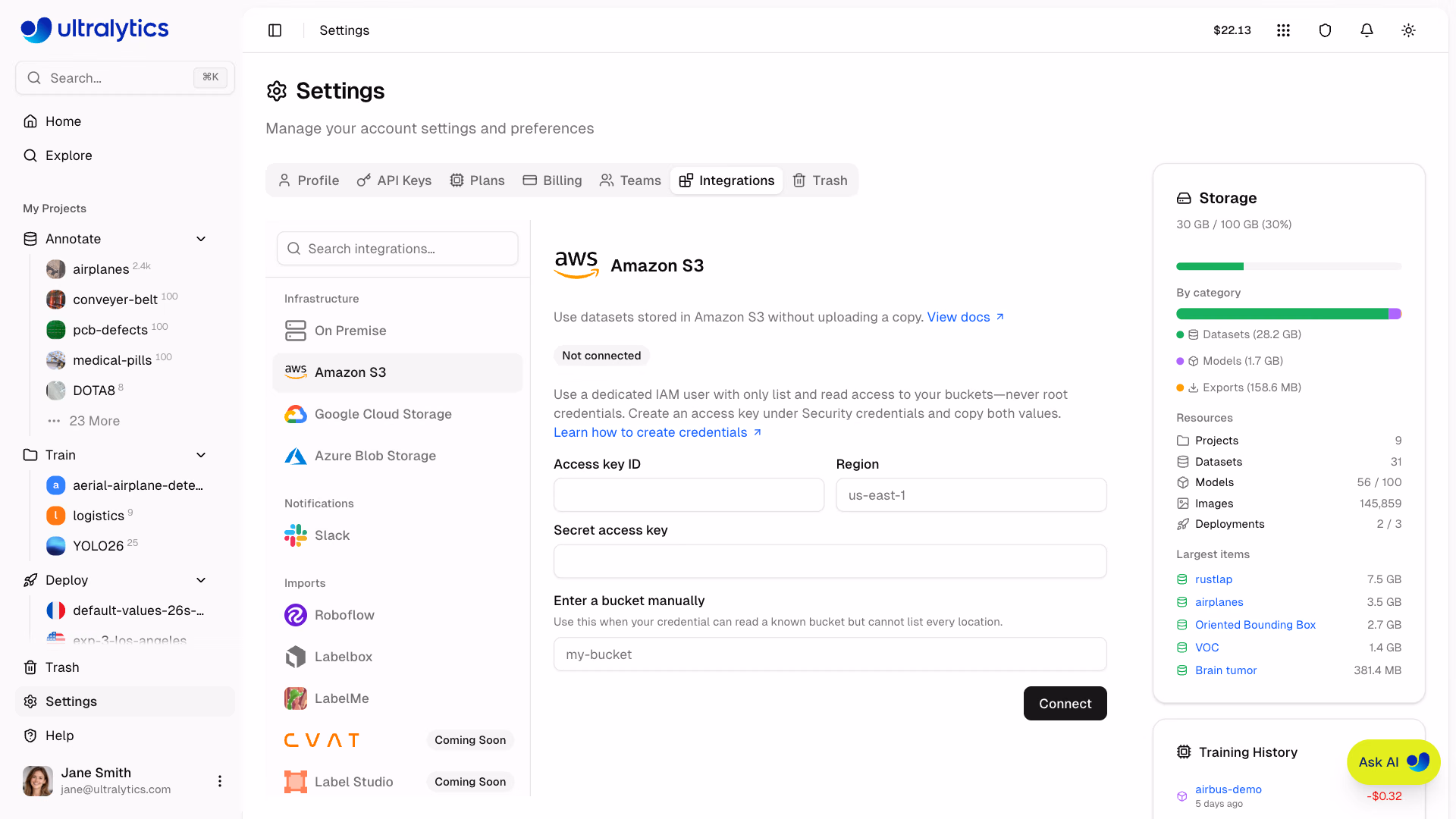 Ultralytics Platform Amazon S3 Integration Settings