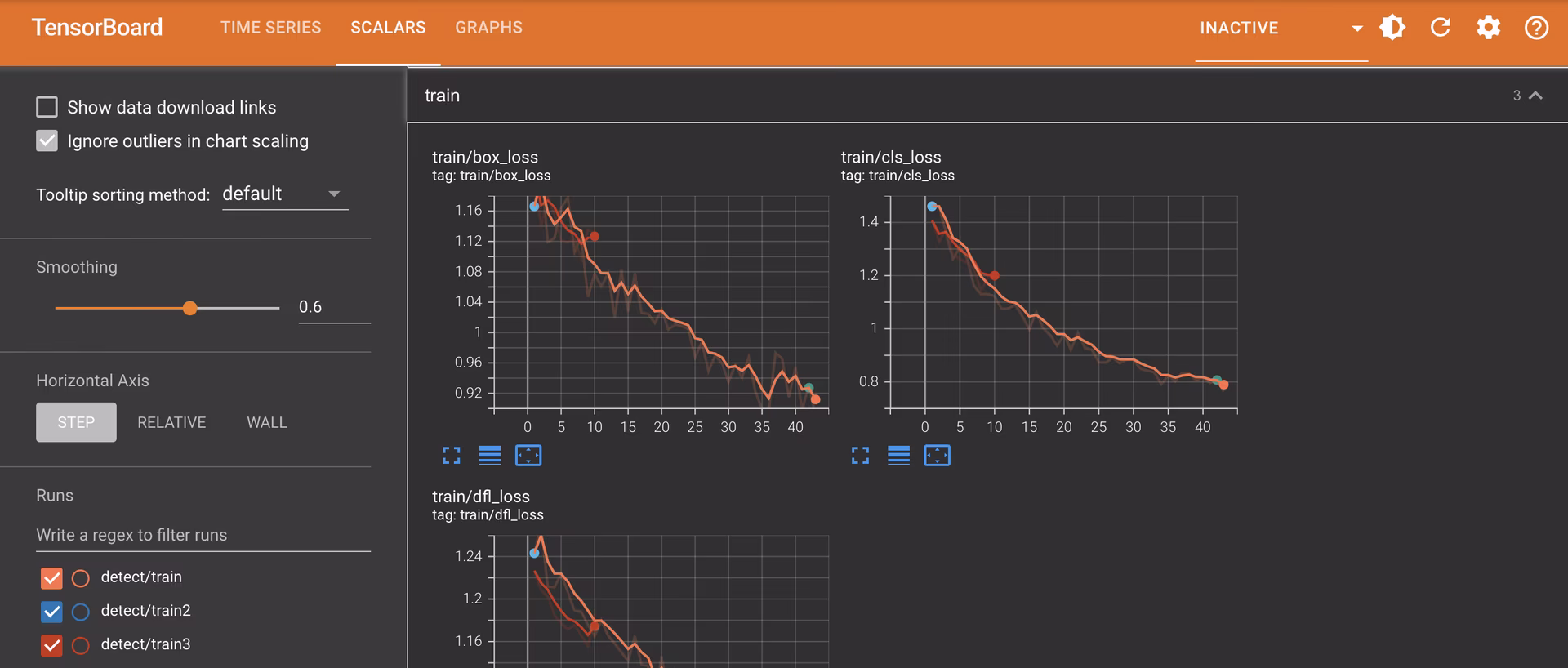 TensorBoard scalars dashboard showing YOLO training metrics