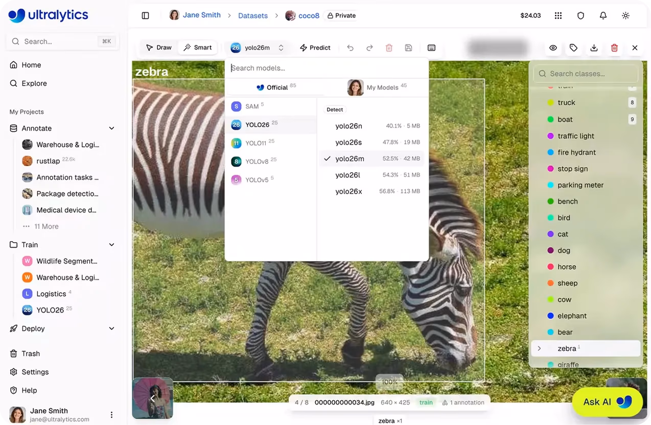 Smart annotation enabled by Ultralytics YOLO models on Ultralytics Platform