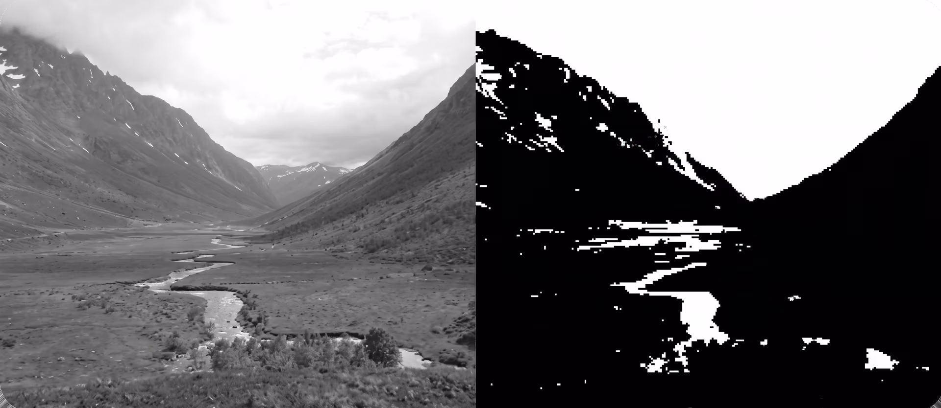 Ein Graustufenbild vor und nach dem Schwellenwertverfahren