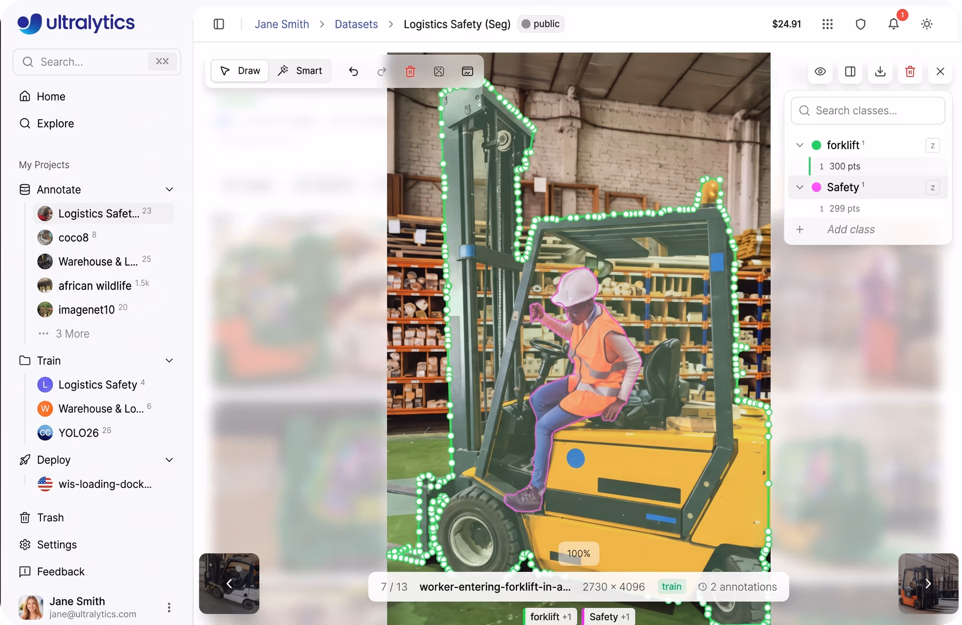 Manually creating polygon annotations using Ultralytics Platform