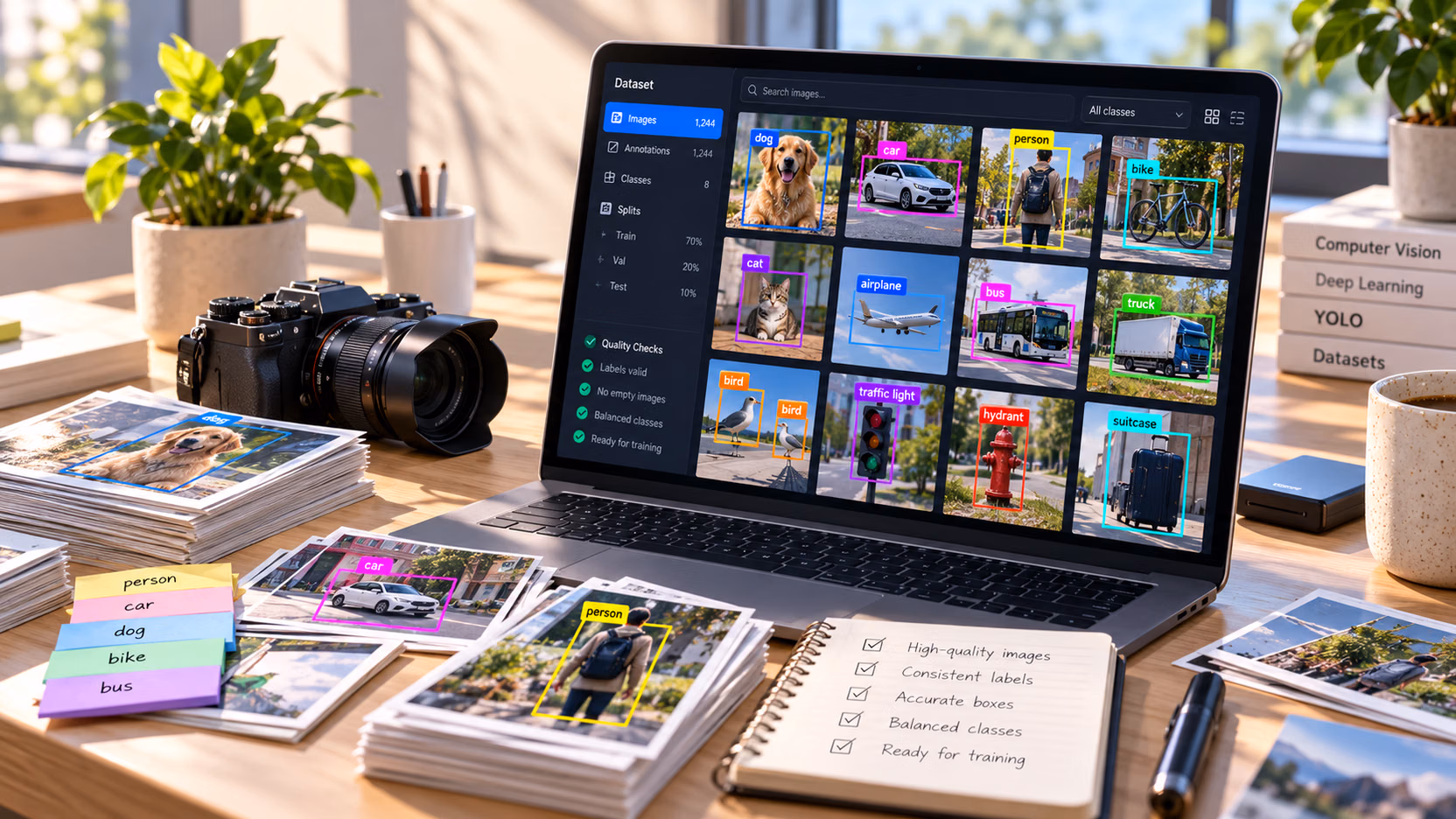Un bureau avec un ordinateur portable affichant un jeu de données d'images annotées, des tirages photo triés, des notes autocollantes indiquant les classes et une liste de contrôle du jeu de données