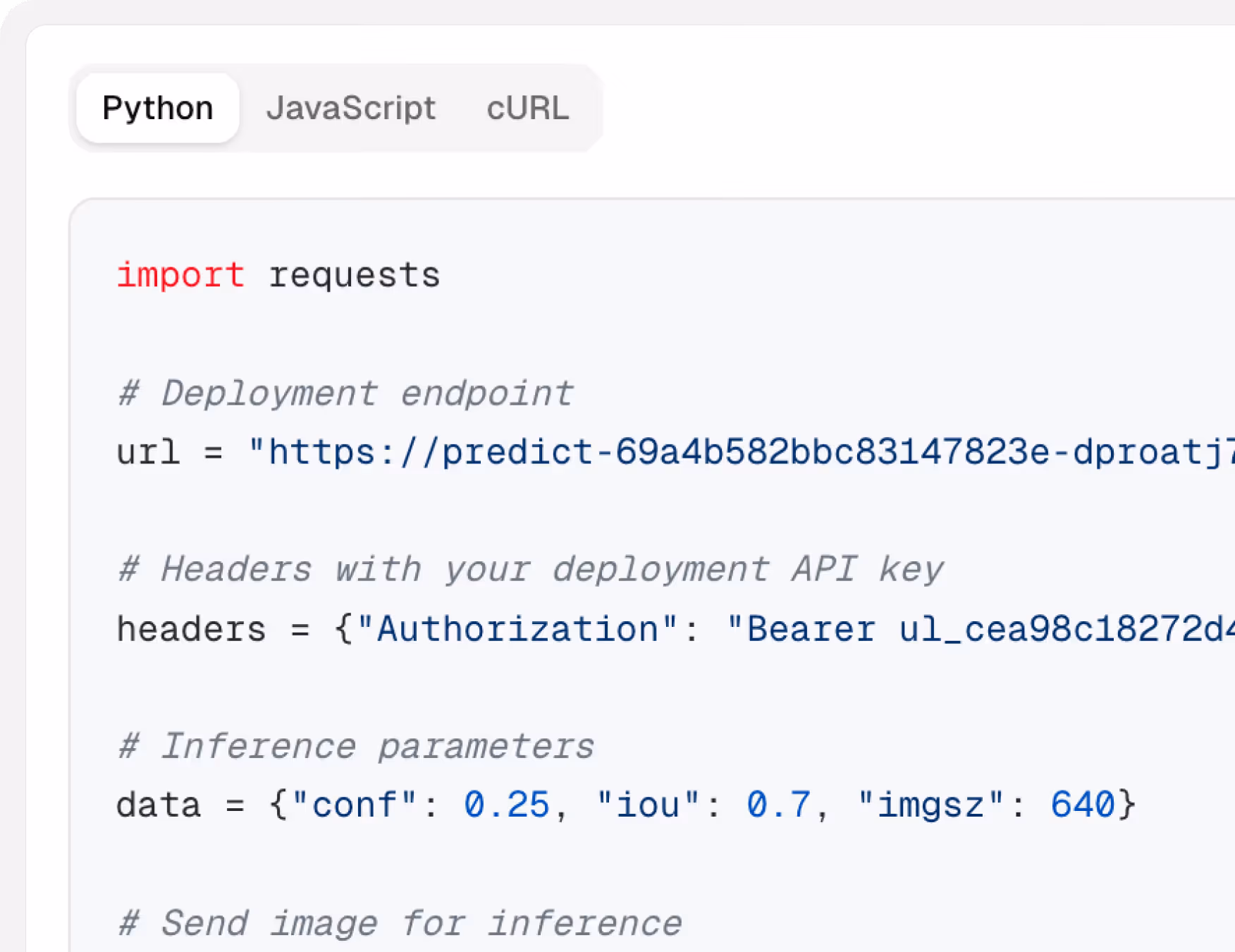 Python code snippet for sending an image to a deployment endpoint.