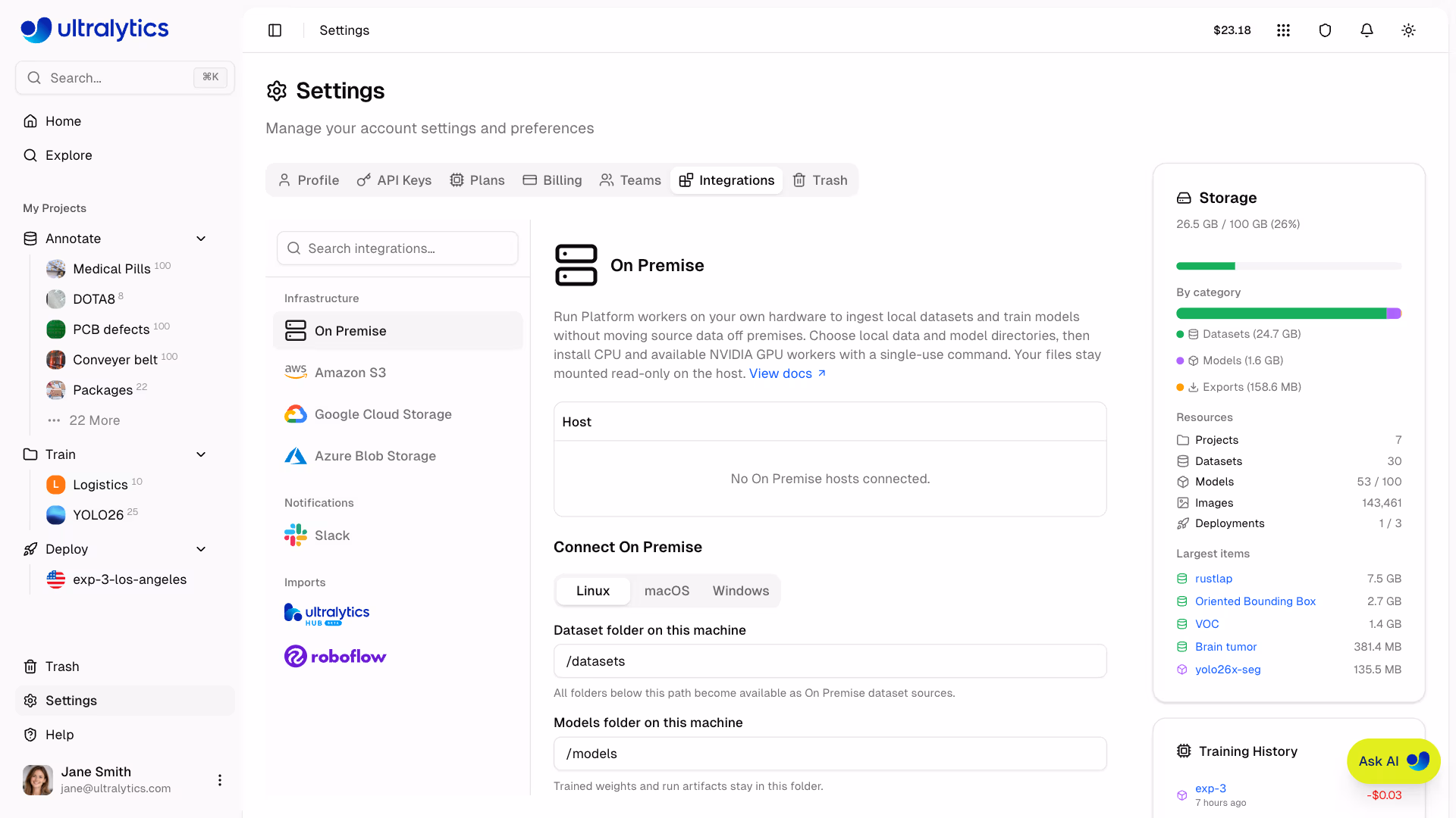 Ultralytics Platform Settings Integrations Tab
